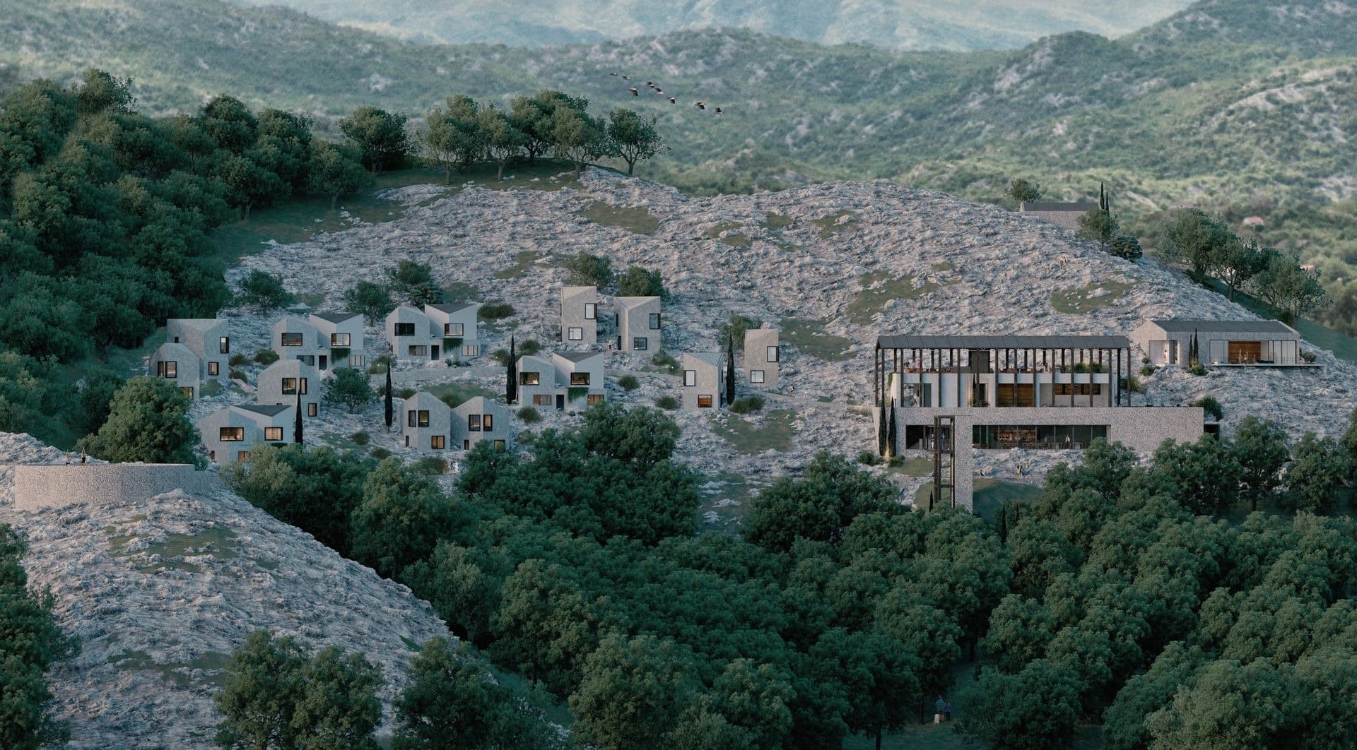 Yoga Center hillside complex aerial view