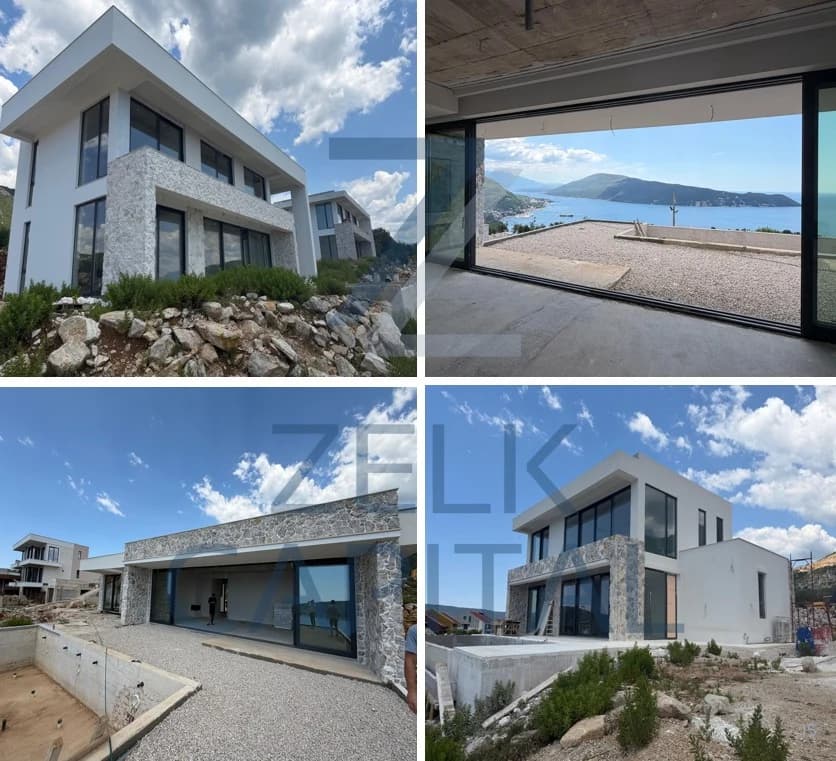 Boka View construction progress, September 2026: stone-clad villas with glazing installed, a bay view from an interior, and a pool under construction